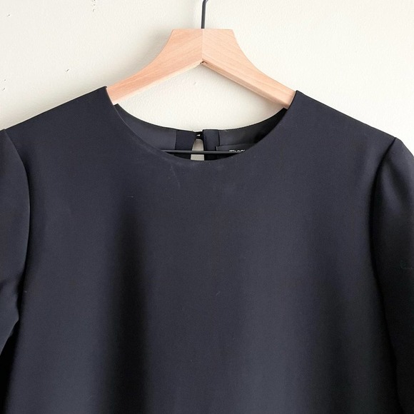 Theory Marah Black Maxyne‎ Crepe Dress Flounce Hem Bell Sleeve, Size 8 - Picture 3 of 15